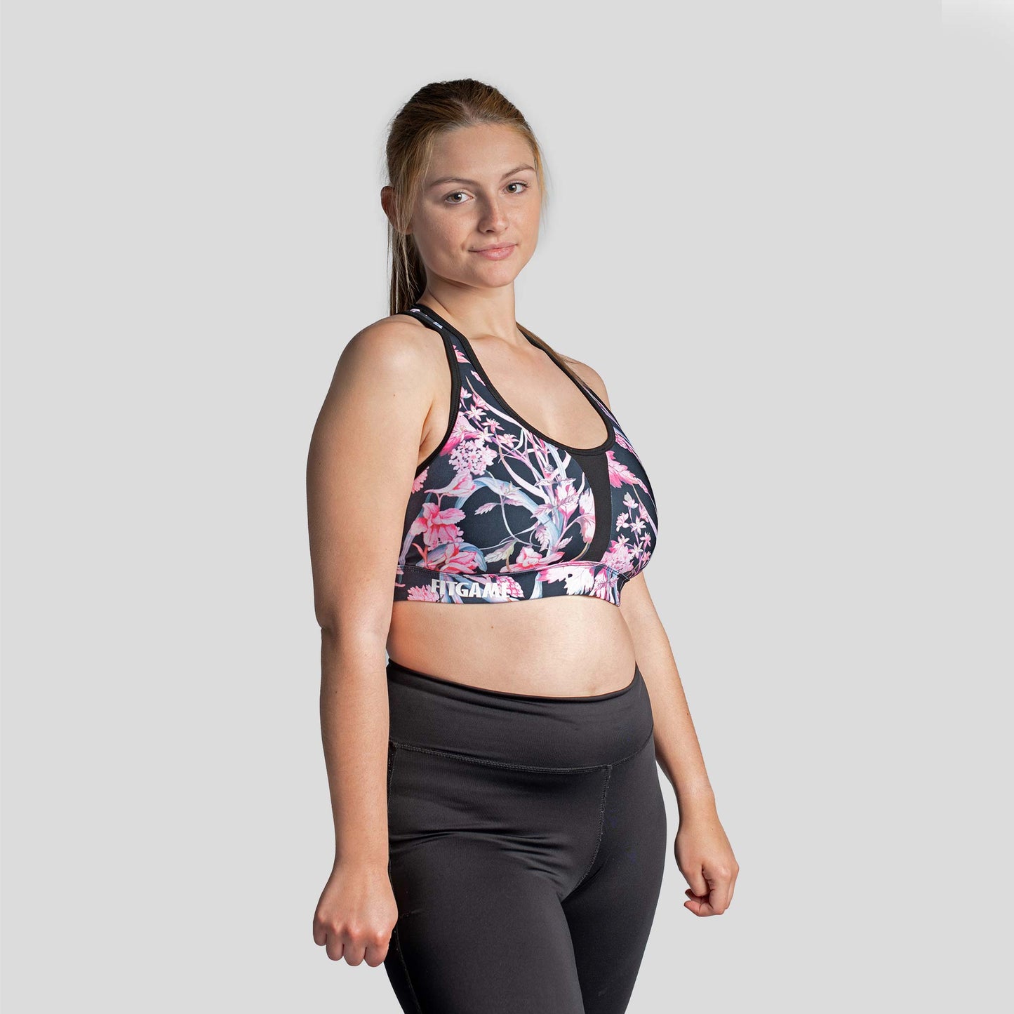 Stylish and supportive sports bra for curvy women in calico style