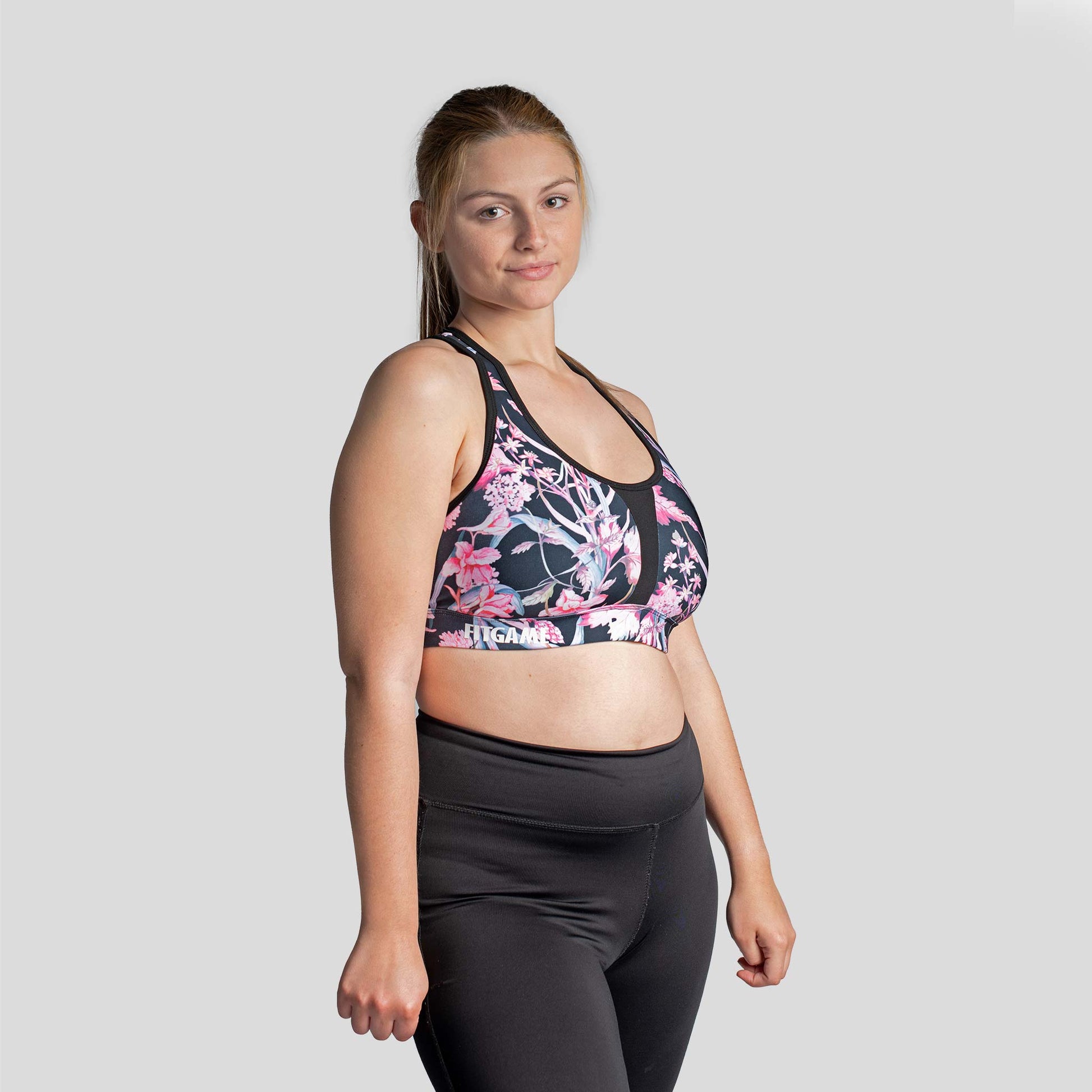 Stylish and supportive sports bra for curvy women in calico style
