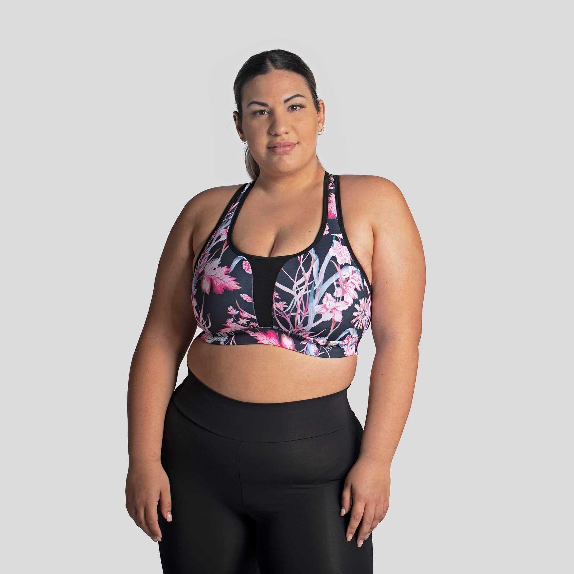 Stylish and supportive sports bra for curvy women in calico style